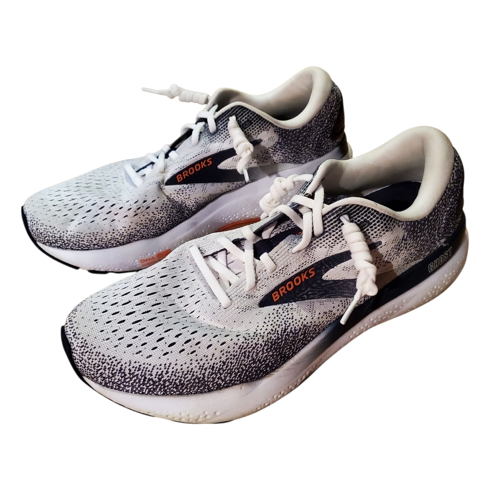 Brooks Ghost 16 Running Shoe White/ Peacoat/ Orange, Mens 12 MSRP $160 - Picture 2 of 16